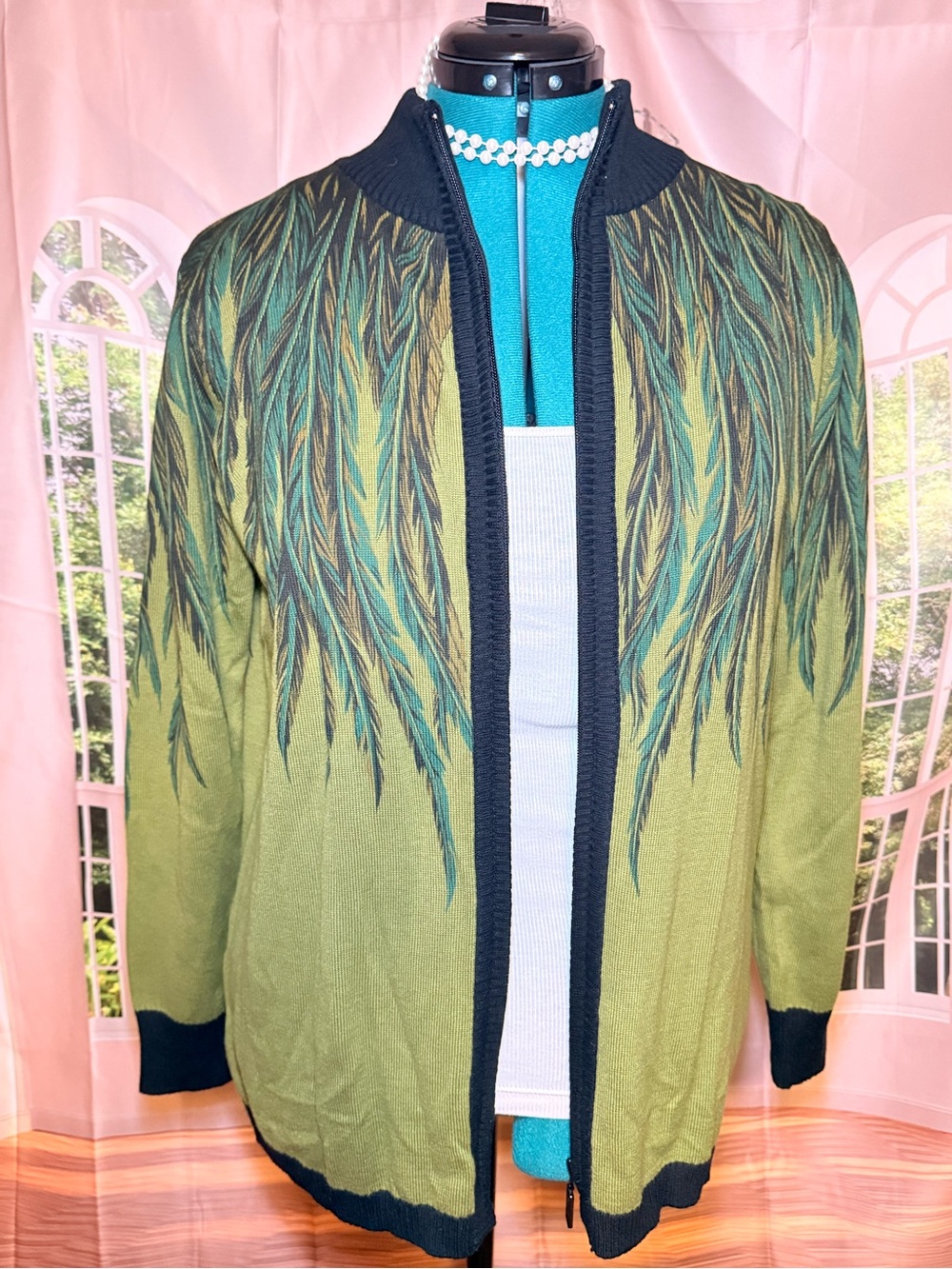 Bob Mackie Olive Green Open-Front Feather Motif Cardigan with Black Trim